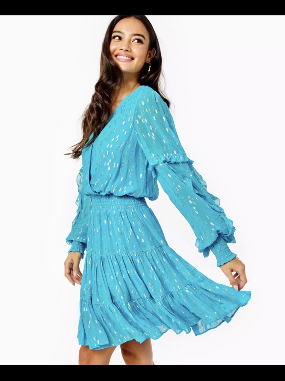 Lilly Pulitzer Turquoise Blue Long-Sleeve Tiered Smocked Dress size 8 - Picture 8 of 8